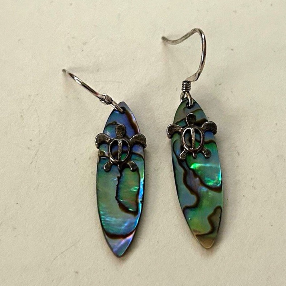 Turtle Surfing Silver Tone Oval Abalone Shell Dangle Hook Metal Lobe Earrings